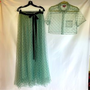 Staud matching skirt and crop top, polka dot sheer M, NWOT